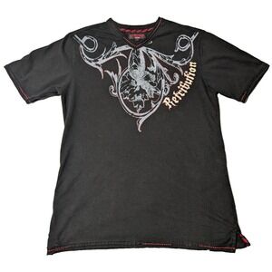 EMCEE RETRIBUTION Men Large Black V-Neck Embellished Double-Sided T-Shirt READ